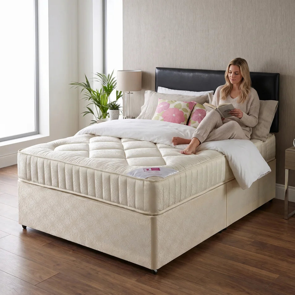 black leather bed in a room setting