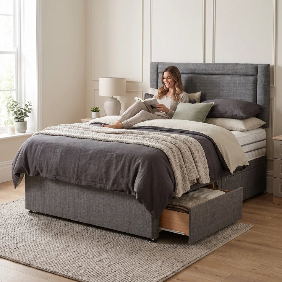 grey fabric bed in a room setting
