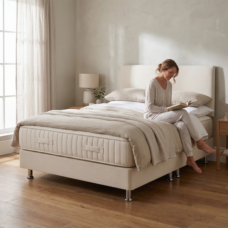 cream bed in a room setting