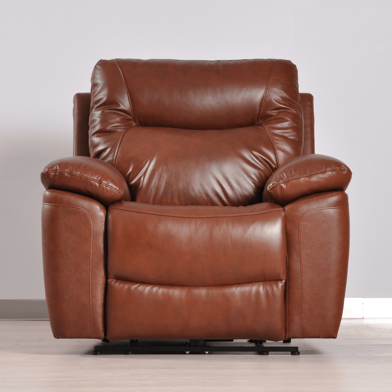 Brown leather recliner chair on a light wooden floor with a neutral background