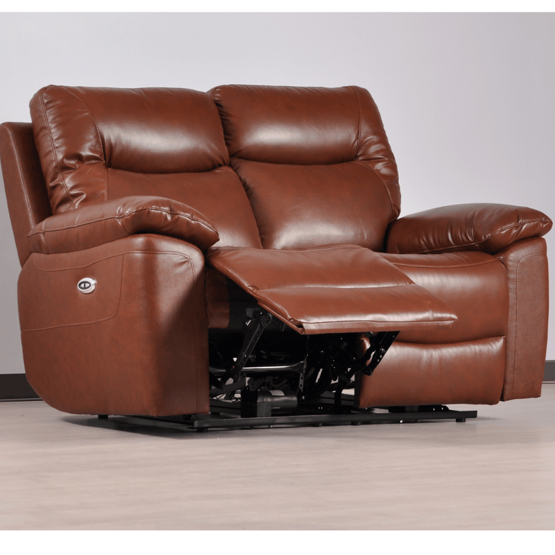 Brown leather recliner sofa on a light wooden floor with a neutral background