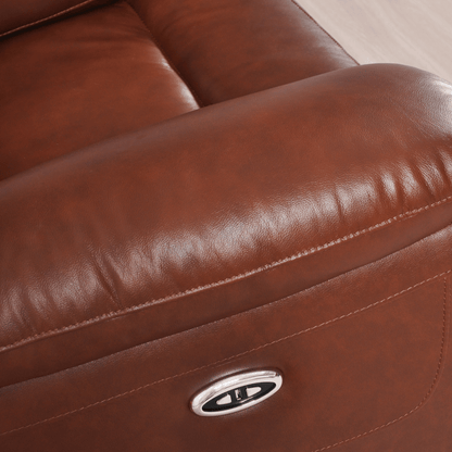 Close-up of a brown leather recliner with a visible brand logo.