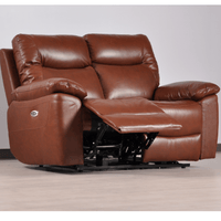 Brown leather recliner sofa on a light wooden floor with a neutral background