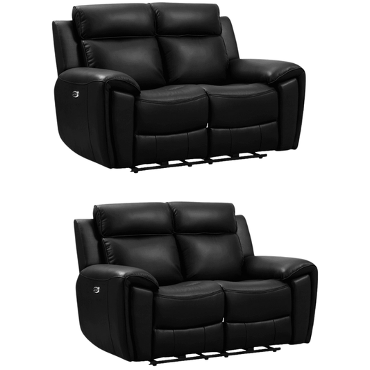 Black electric recliner sofa set in genuine leather – 2+2 configuration with two seater plus two seater on white background, modern power reclining living room furniture