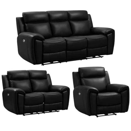 Black electric recliner sofa set in genuine leather – 3+2+1 configuration with three seater, two seater, and single seater on white background, modern power reclining living room furniture
