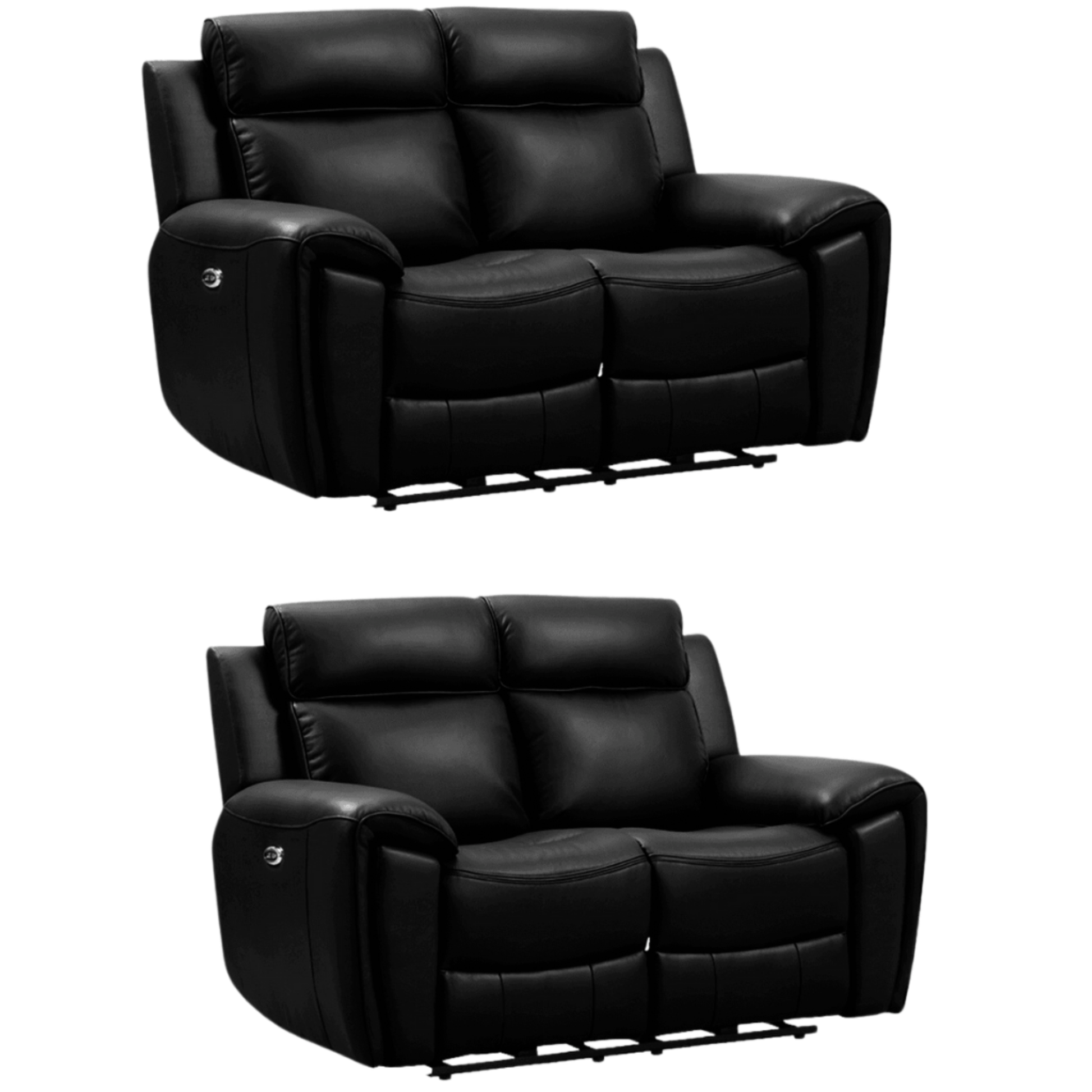 Two black leather recliner chairs on a white background