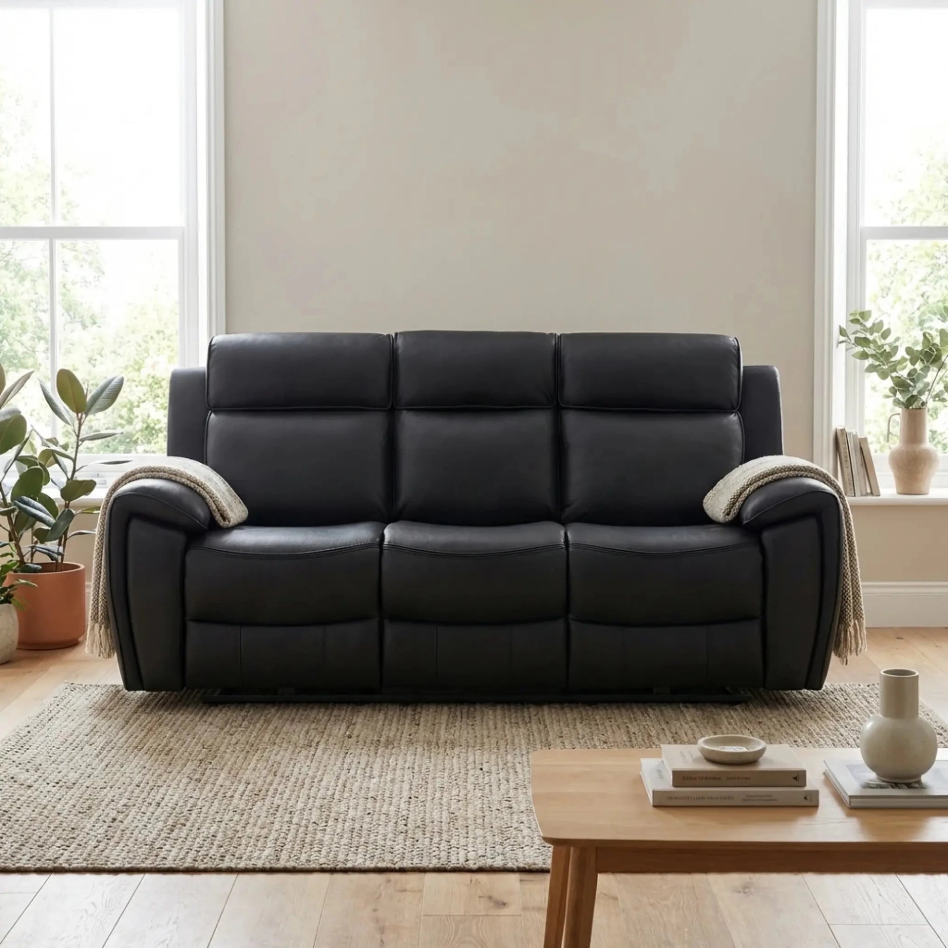 Annecy Genuine Leather Black Electric Power Recliner 3 Seater Sofa - Furniture Instore