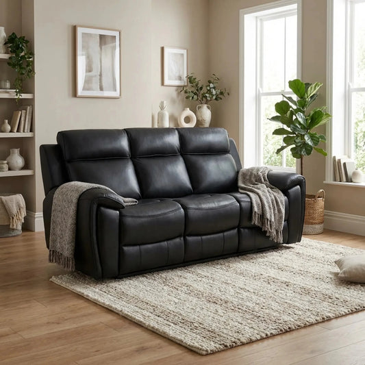 Annecy Genuine Leather Black Electric Power Recliner 3 Seater Sofa - Furniture Instore