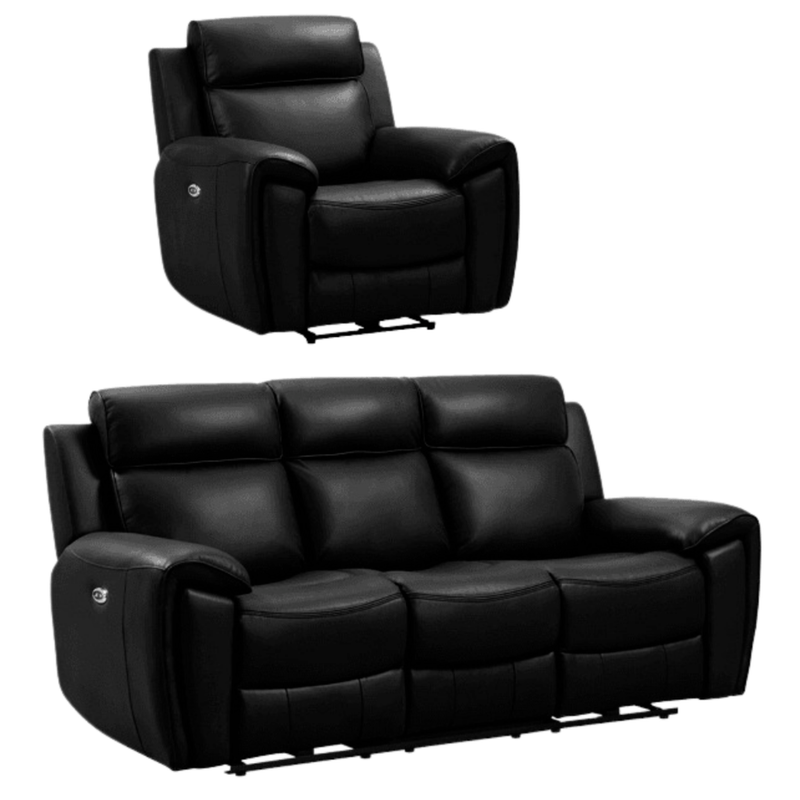 Black leather recliner chair and sofa set on a white background