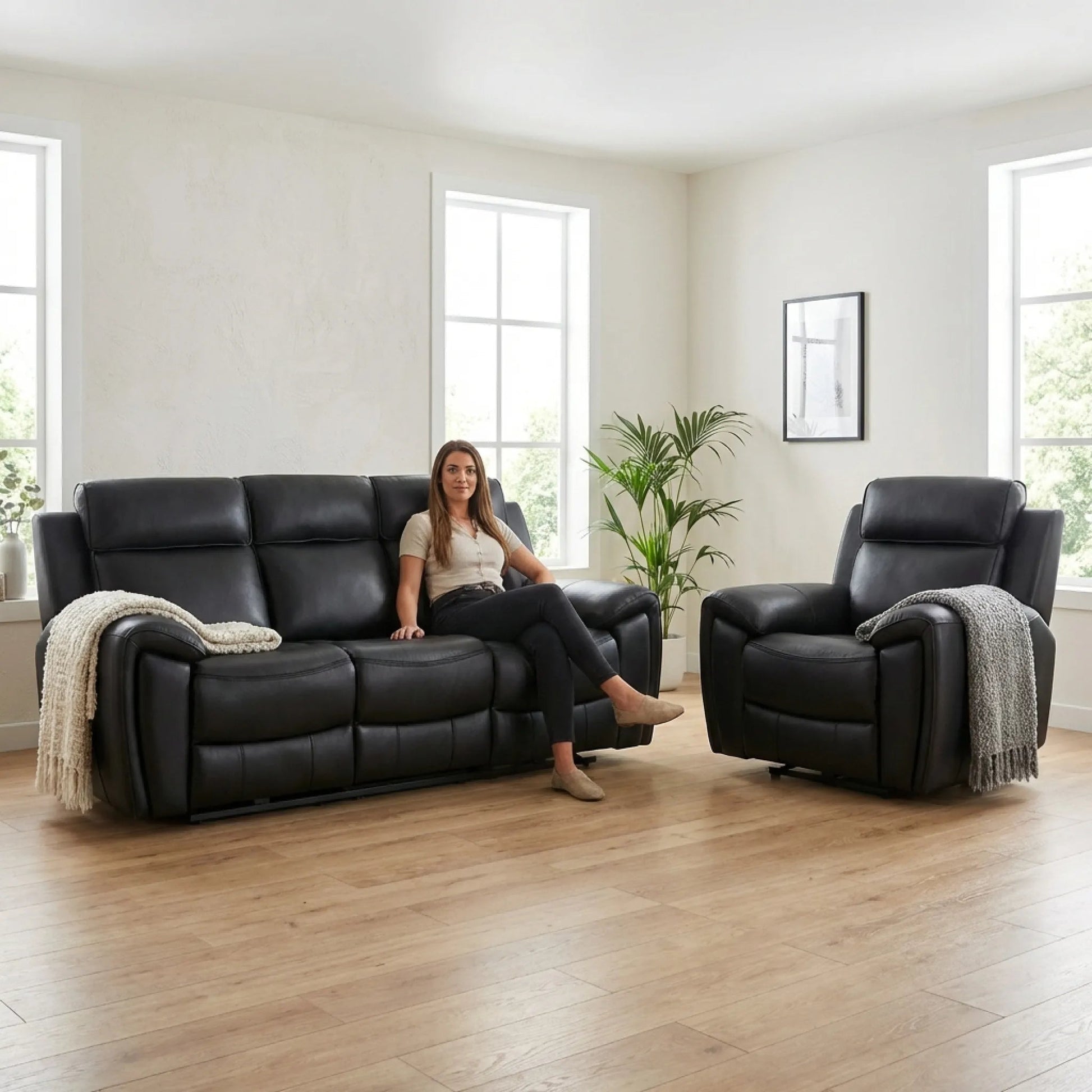 Black power recliner sofa suite