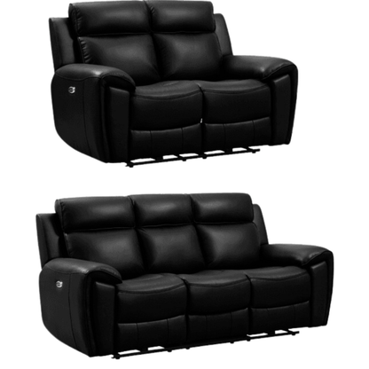 Two black leather recliner sofas on a white background