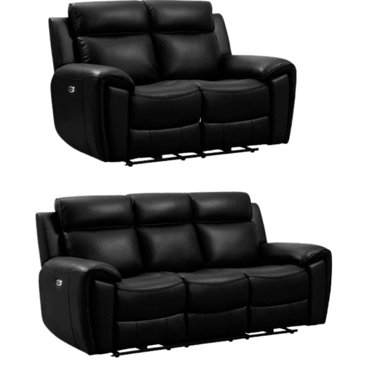 Two black leather recliner sofas on a white background