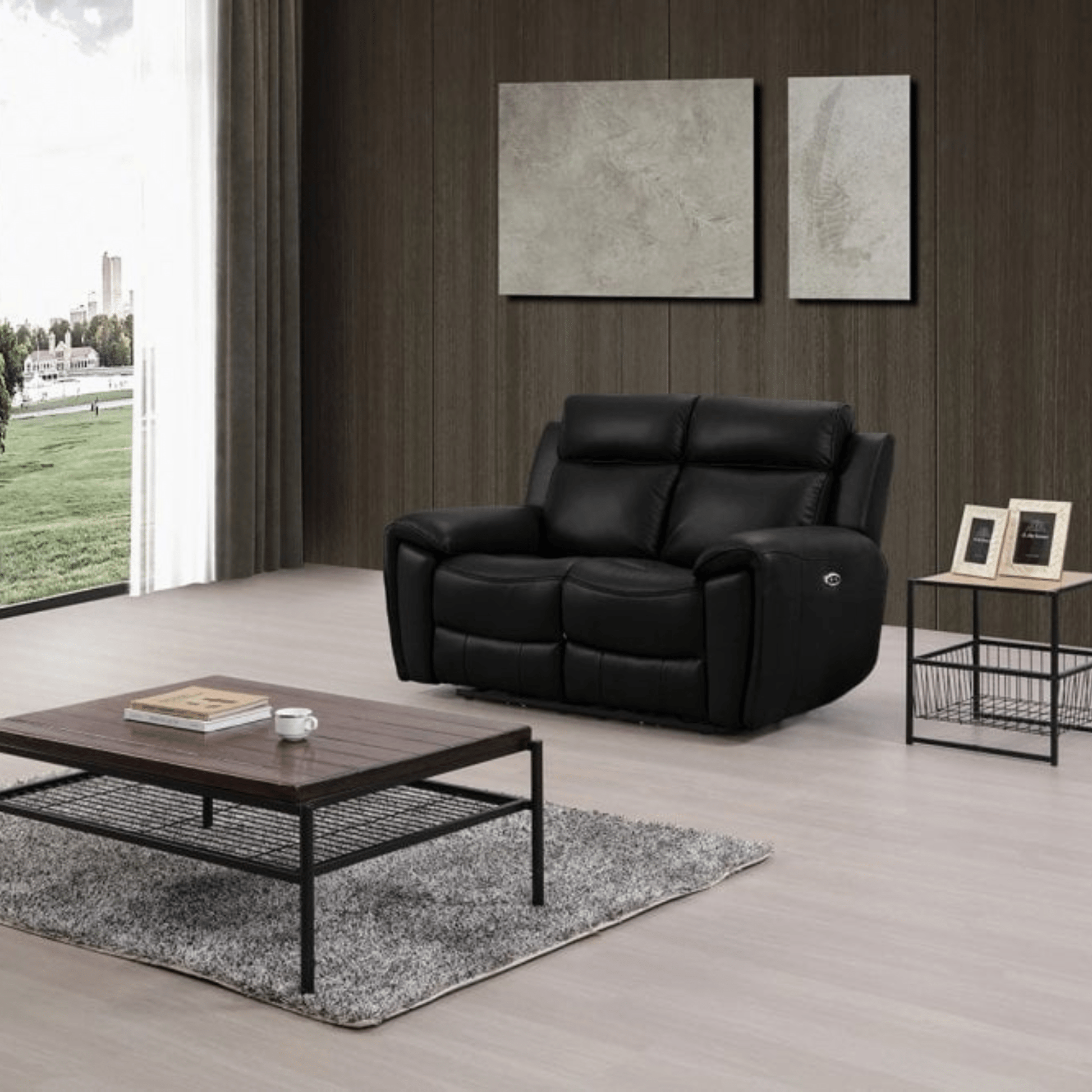 Modern living room with a black leather sofa, wooden coffee table, and decorative elements.