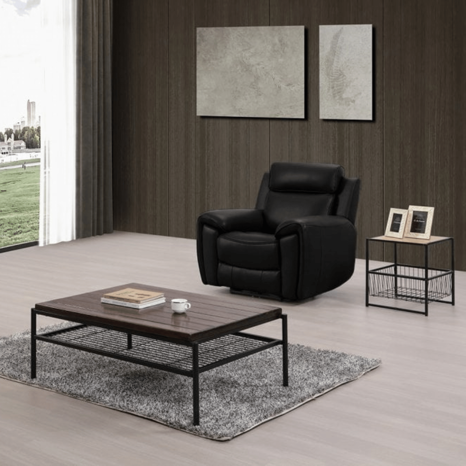 Modern living room with black recliner chair, wooden coffee table, and side table.
