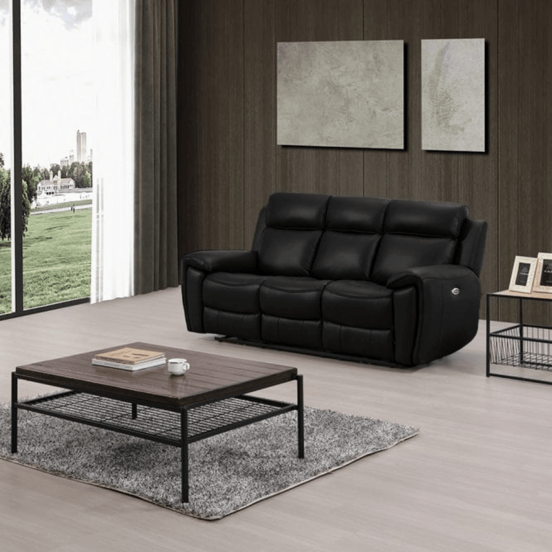 Modern living room with a black leather sofa and wooden coffee table.