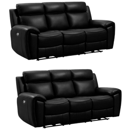 Two black leather recliner sofas on a white background