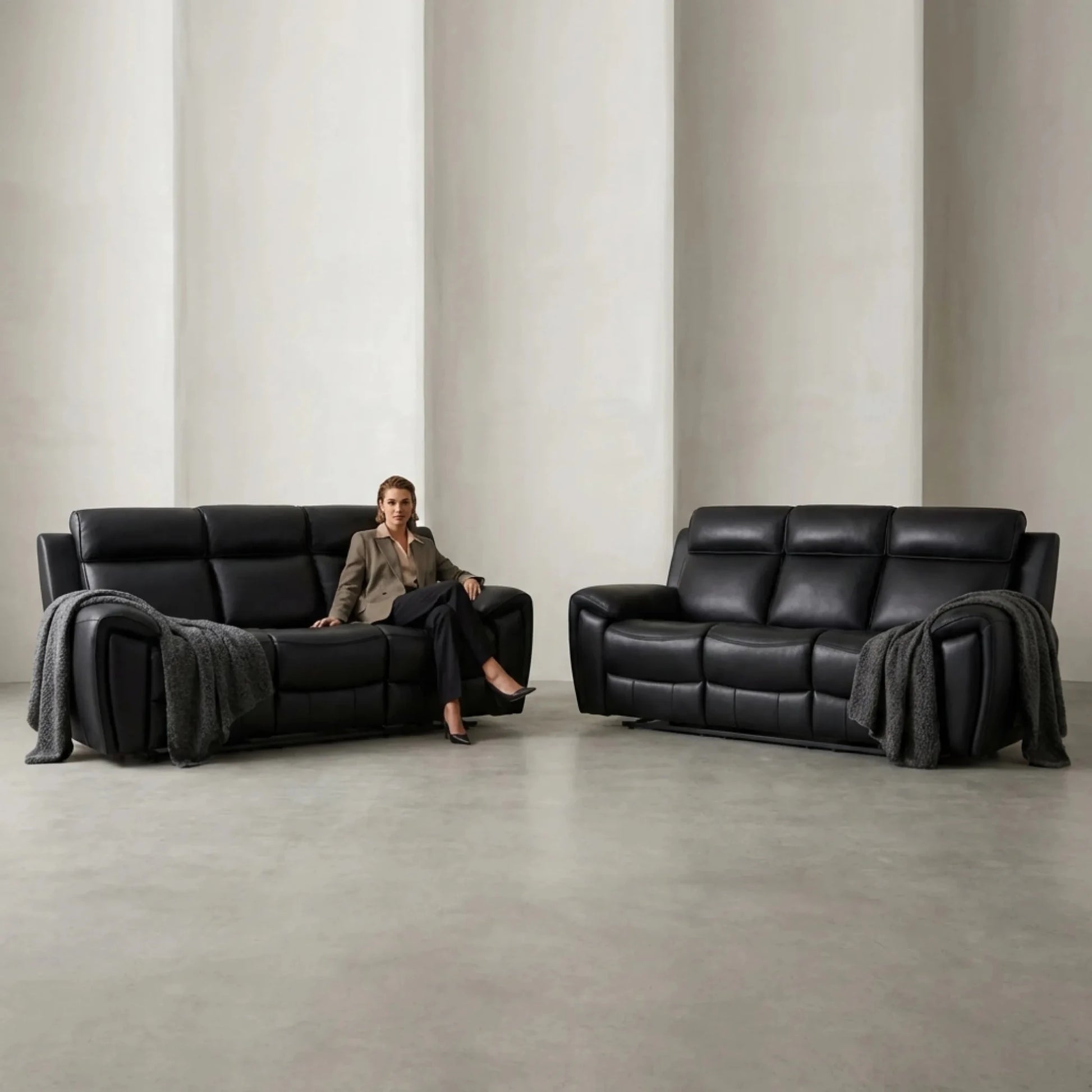 Annecy Genuine Leather Black Electric Power Recliner 3+3 Seater Sofa Set - Furniture Instore