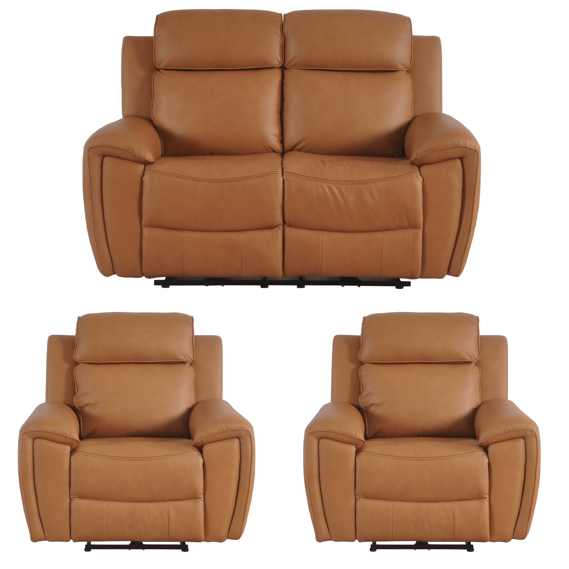 Brown leather sofa set with two recliner chairs on a white background