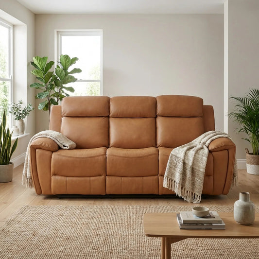 Annecy Genuine Leather Caramel Electric Power Recliner 3 Seater Sofa - Furniture Instore