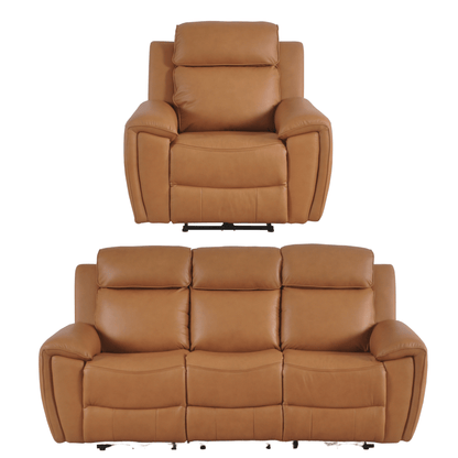 Brown leather recliner chair and sofa set on a white background