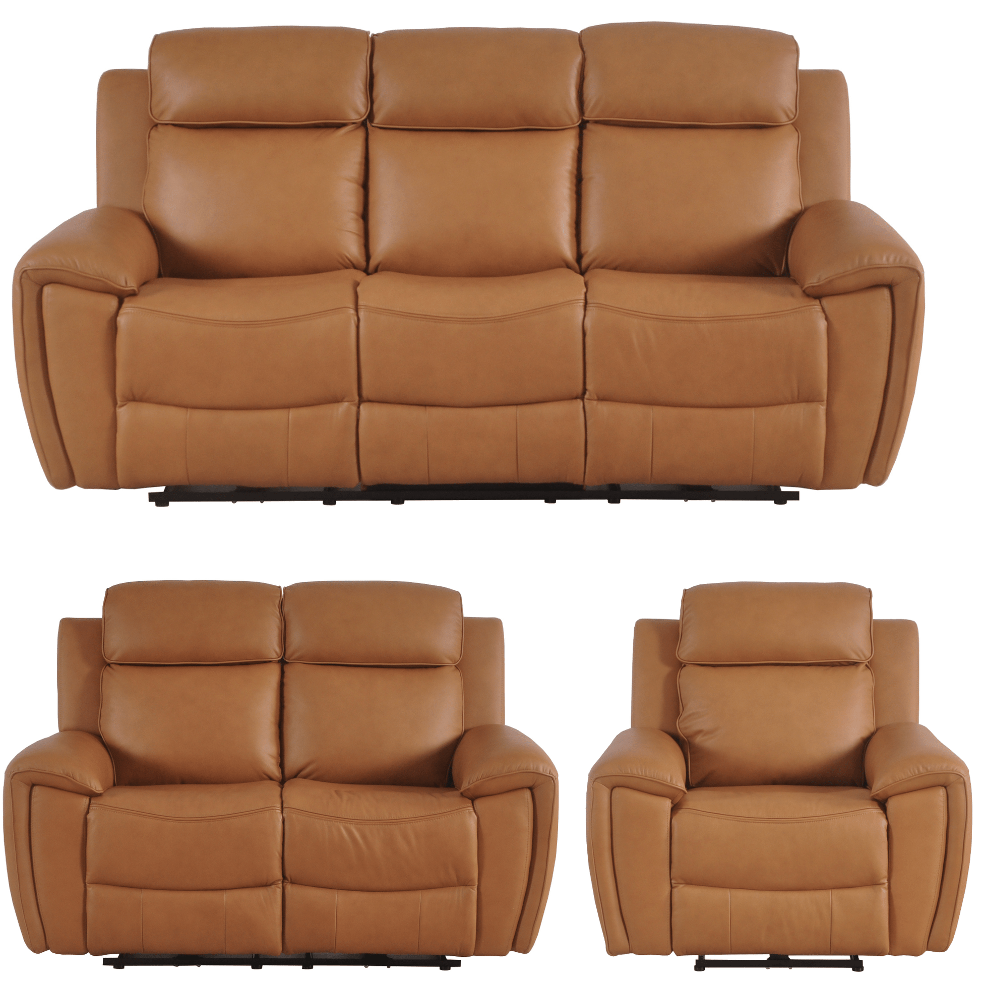 Brown leather sofa, loveseat, and armchair set on a white background