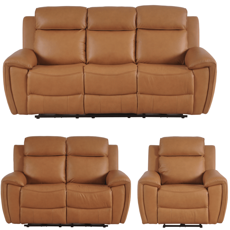 Brown leather sofa, loveseat, and armchair set on a white background