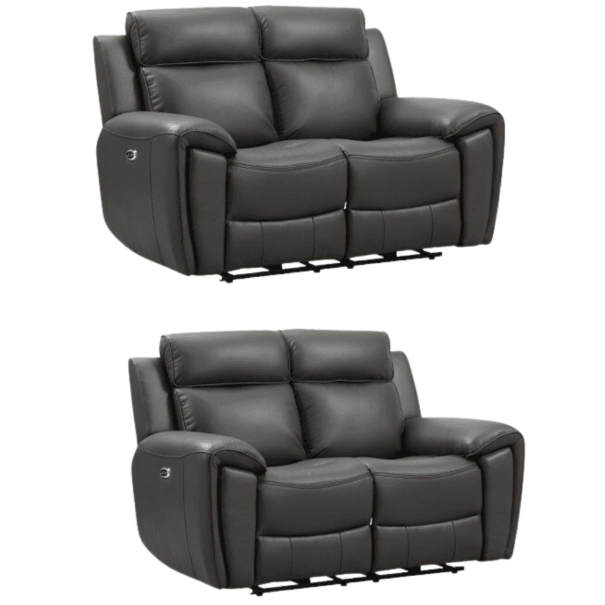 Two gray recliner sofas on a white background