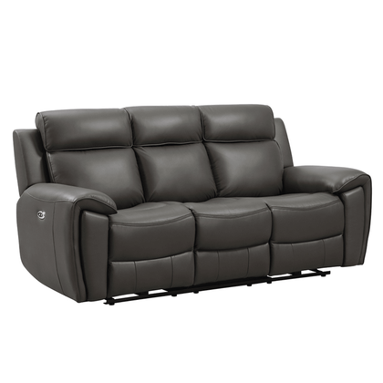 Gray leather sofa with reclining feature on a white background