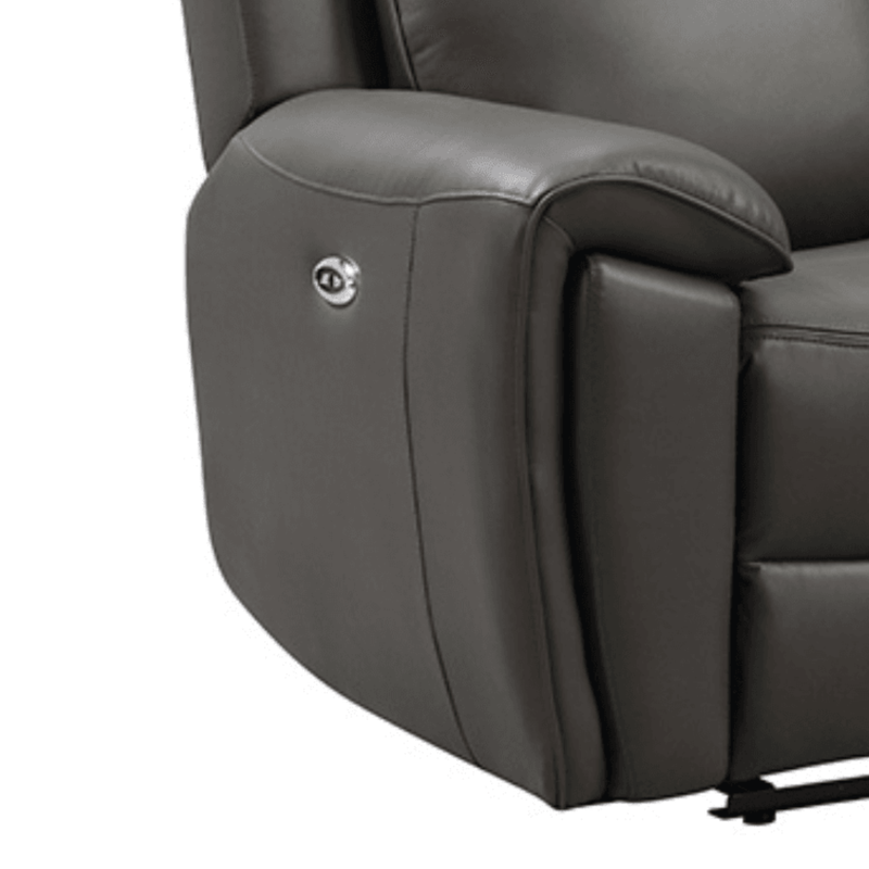 Gray recliner chair with control panel on armrest against a white background