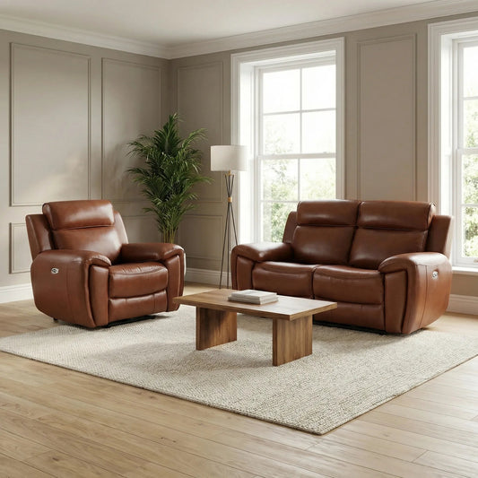 Annecy Genuine Leather Tan Electric Power Recliner 2+1 Seater Sofa Set - Furniture Instore