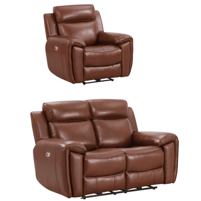 Brown leather recliner chair and loveseat on a white background