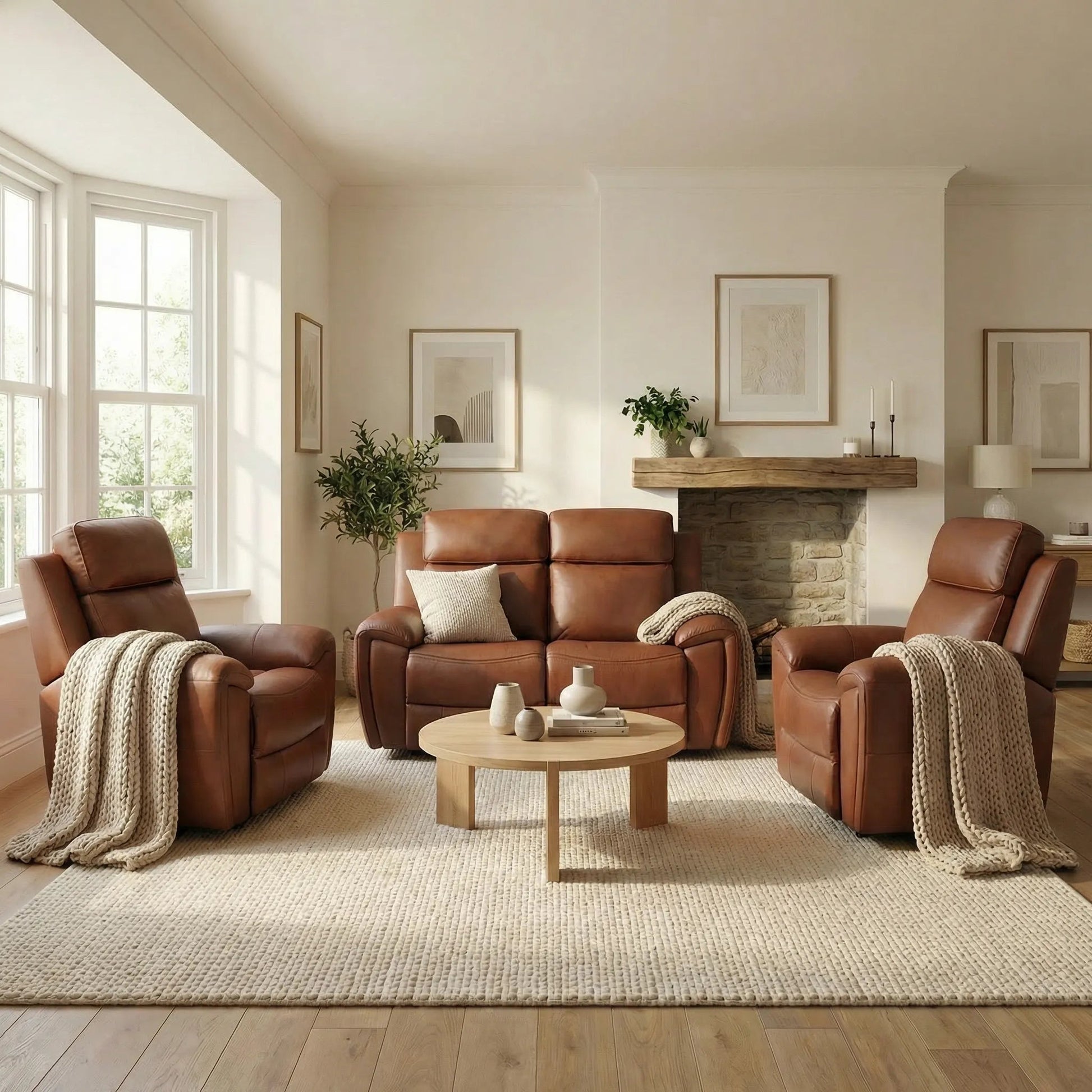 Tan power recliner sofa suite