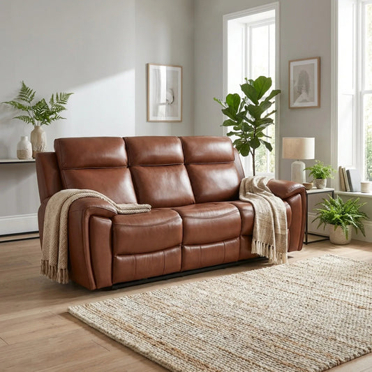 Annecy Genuine Leather Tan Electric Power Recliner 3 Seater - Furniture Instore