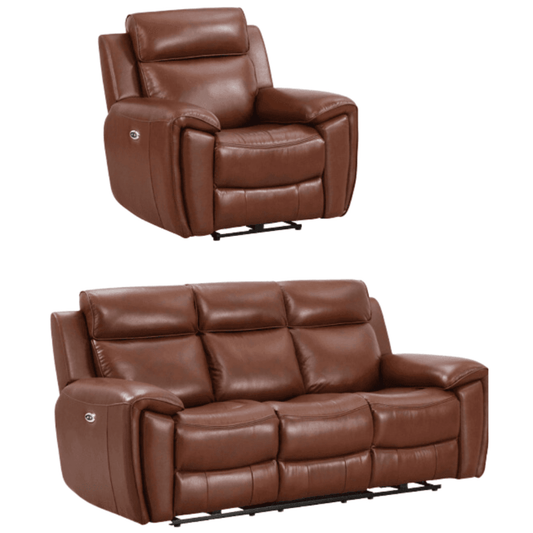 Brown leather recliner chair and sofa set on a white background
