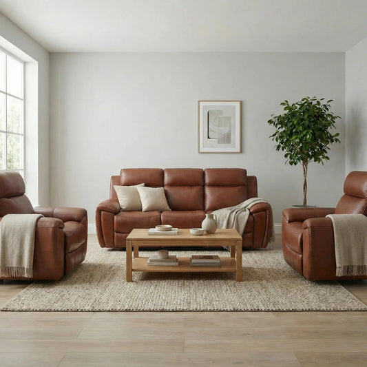 Annecy Genuine Leather Tan Electric Power Recliner 3+1+1Seater Sofa Set - Furniture Instore