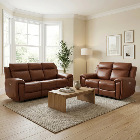 Annecy Genuine Leather Tan Electric Power Recliner 3+2 Seater Sofa Set - Furniture Instore