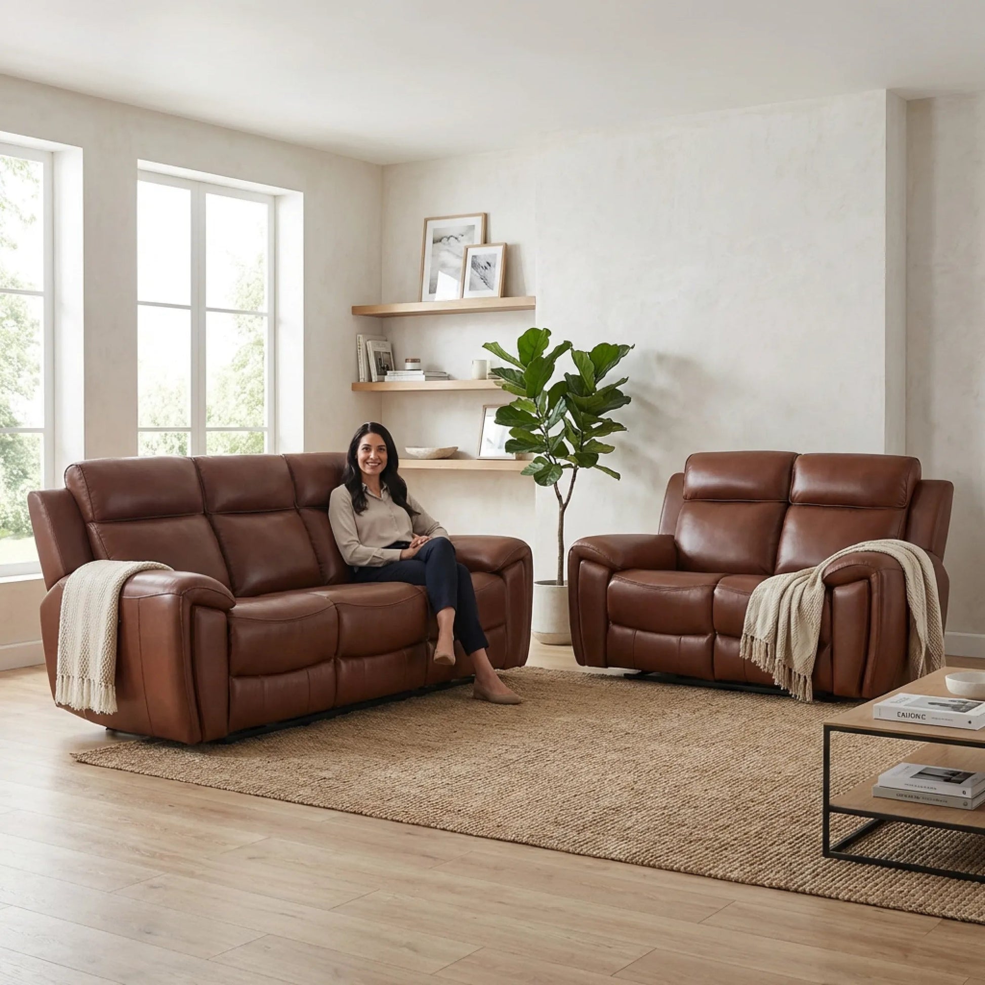 Annecy Genuine Leather Tan Electric Power Recliner 3+2 Seater Sofa Set - Furniture Instore