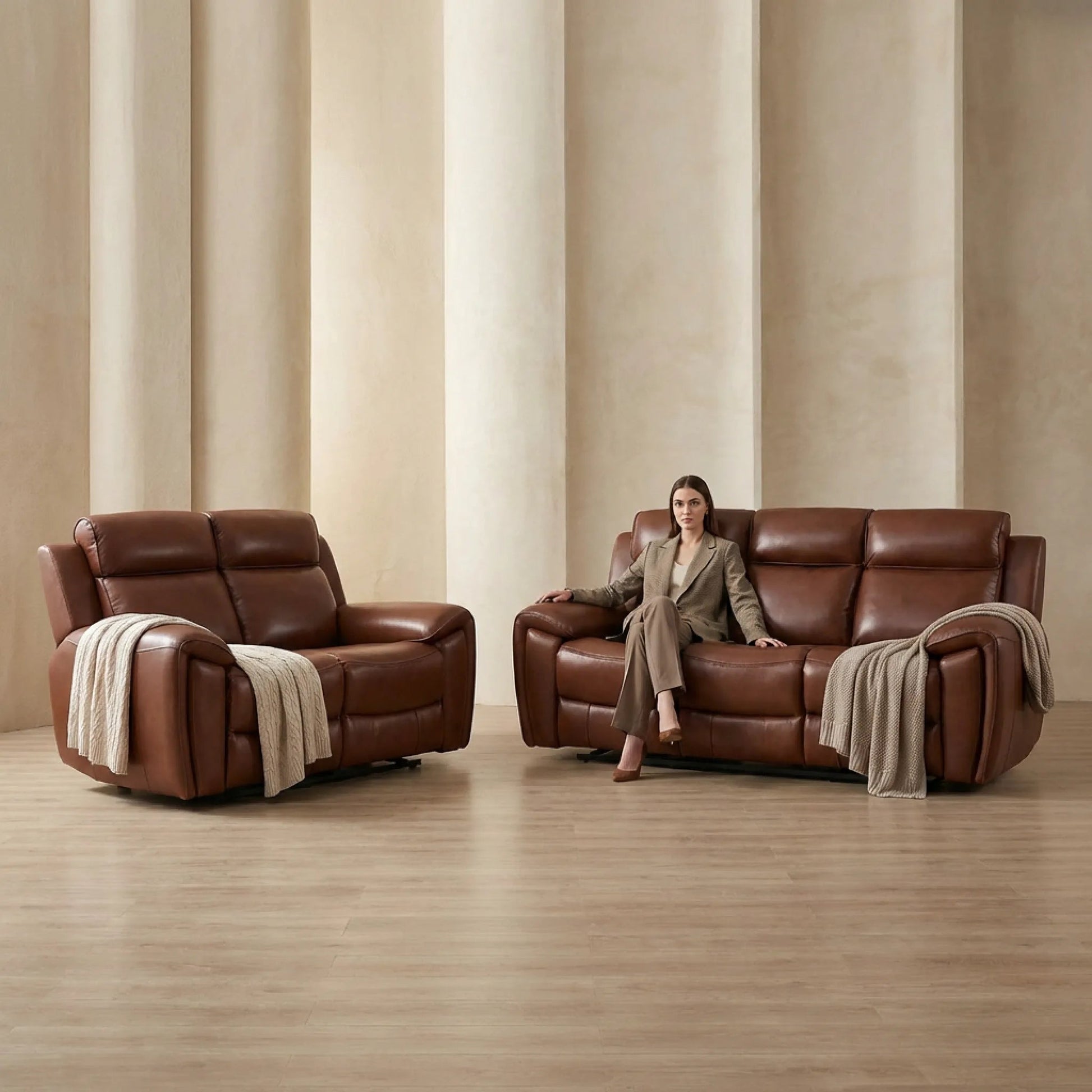 Annecy Genuine Leather Tan Electric Power Recliner 3+2 Seater Sofa Set - Furniture Instore