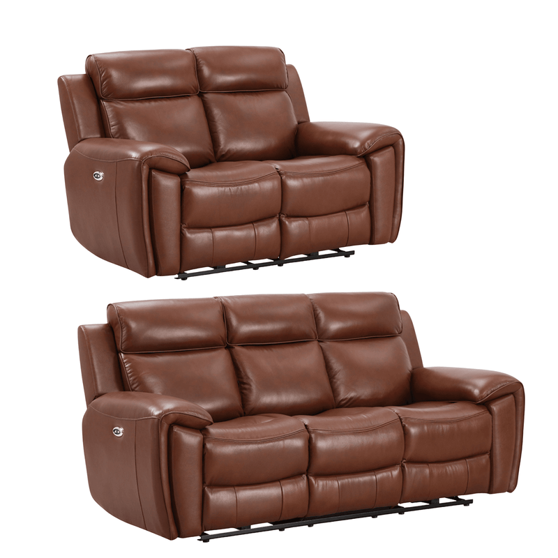 Two brown leather reclining sofas on a white background