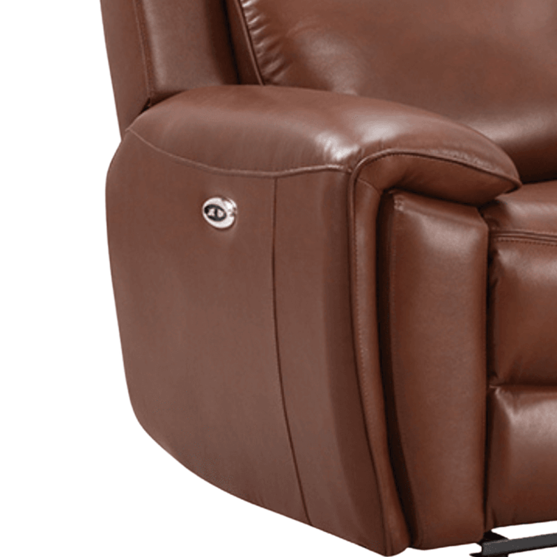 Brown leather recliner chair with a visible button on a white background