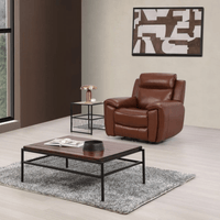 Brown leather armchair in a modern living room with a coffee table and abstract art on the wall.