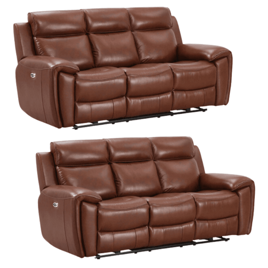 Two brown leather reclining sofas on a white background