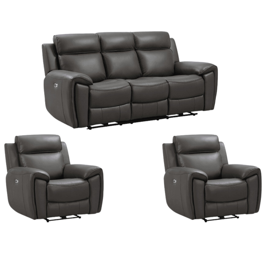 Grey electric recliner genuine leather sofa set – 3+1+1 configuration with three seater and two single seater armchairs on white background, modern power reclining living room furniture