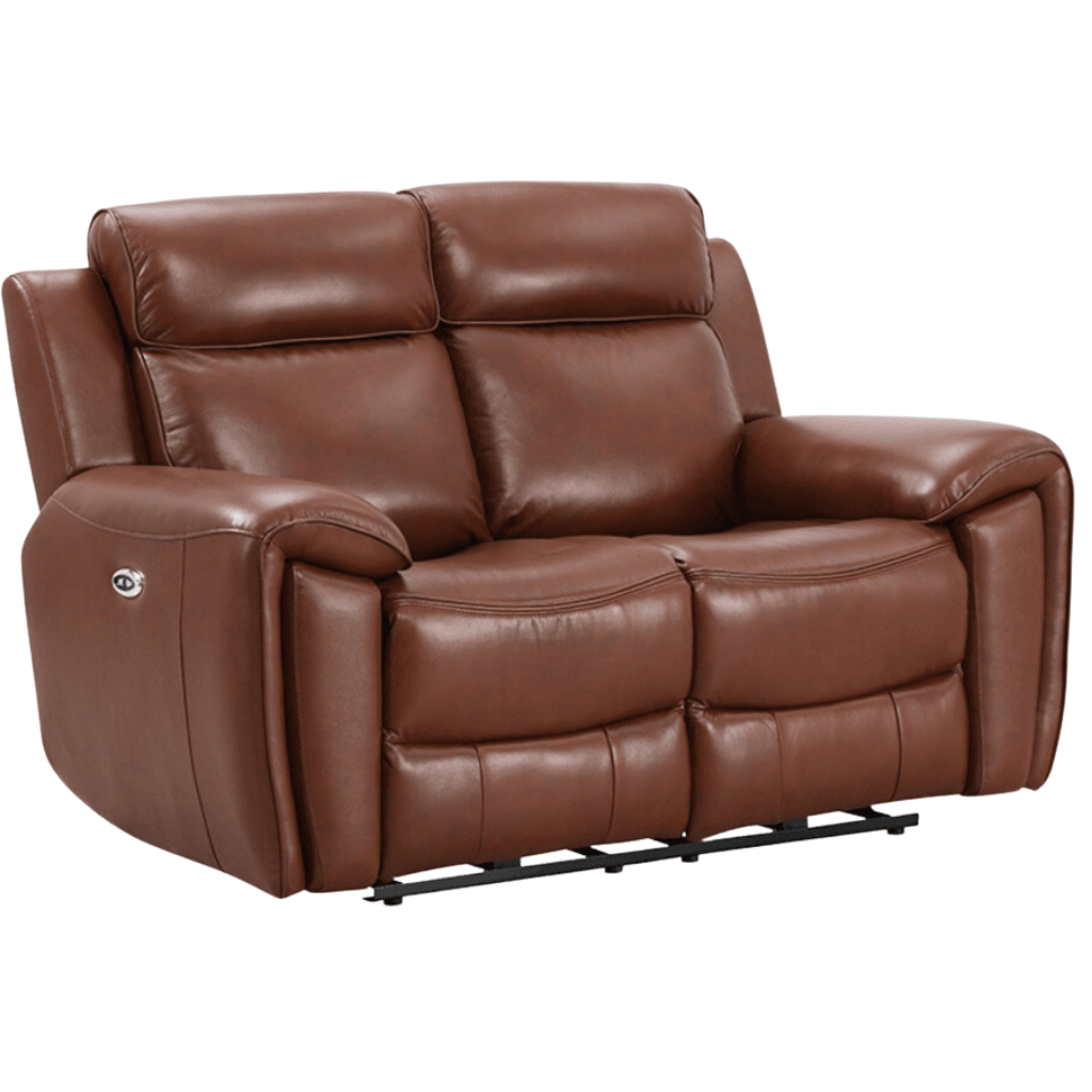 Tan electric recliner genuine leather 2 seater sofa on white background – modern power reclining two seater couch for contemporary living room