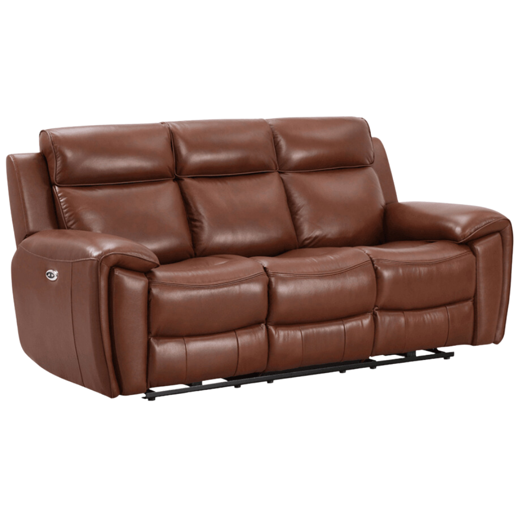 Tan electric recliner genuine leather 3 seater sofa on white background – modern power reclining three seater couch for contemporary living room