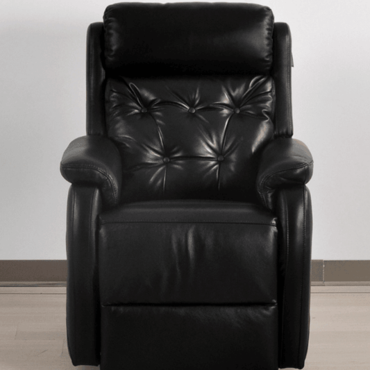 Black leather recliner chair on a plain background