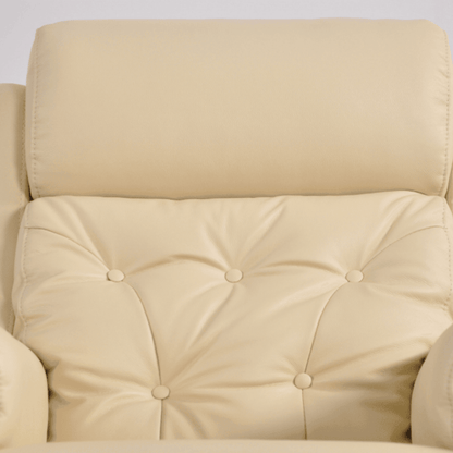 Beige upholstered chair with tufted backrest and armrests on a light gray background