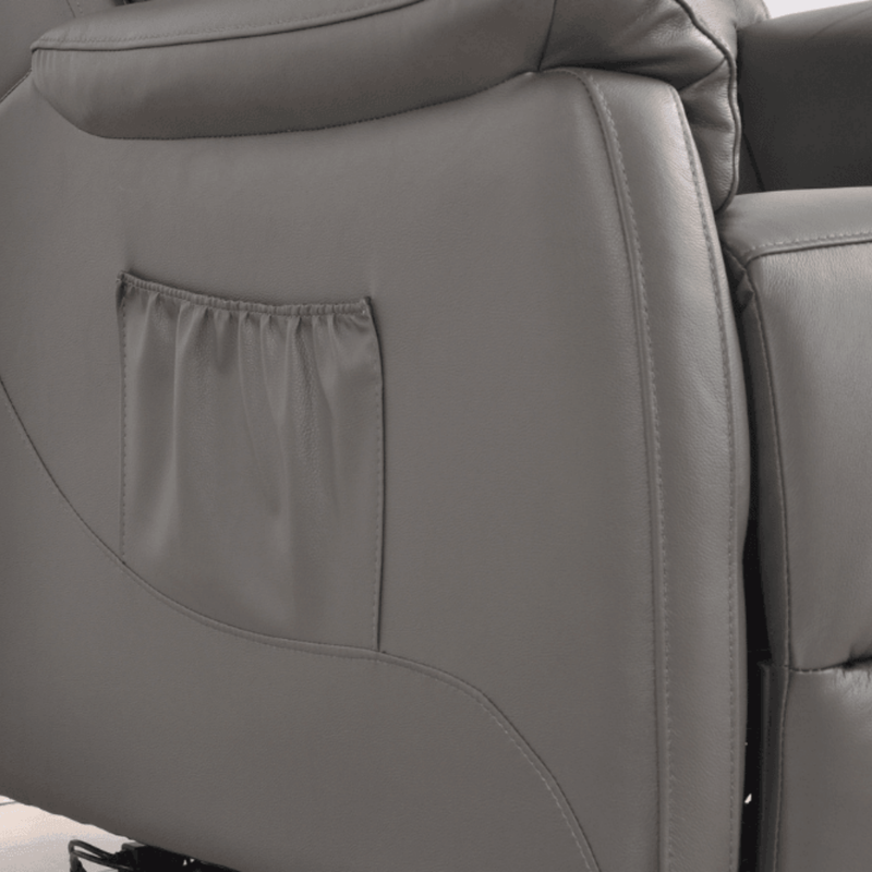 Gray leather recliner chair with armrest pocket