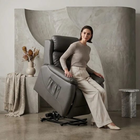 Bilbury Genuine Leather Grey Rise Recliner Mobility Chair - Furniture Instore