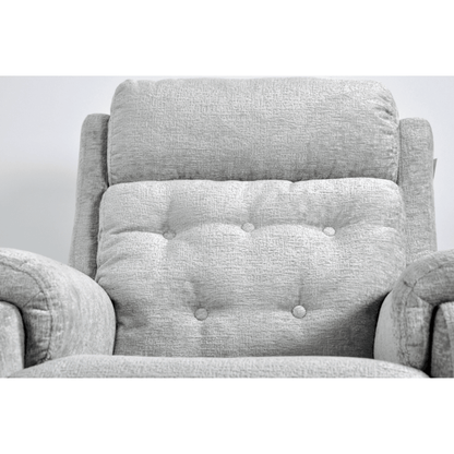 Gray upholstered chair with tufted backrest on a white background